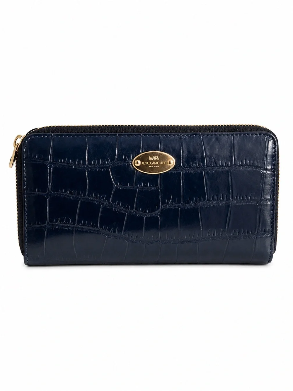 Coach Navy Croc Embossed Leather Zip Around Continental Wallet